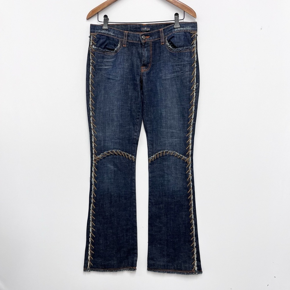 People For Peace Jeans Blue Orange Stitching Feather Embroidery Size 30